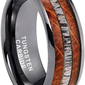TUTISS Tungsten Wedding Bands for Men and Women | Polished Comfort Fit with Whisky Barrel Wood & Deer Antler Inlay | 8mm