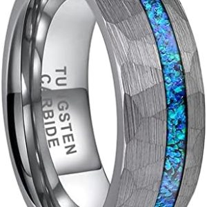 TUTISS 8mm Hammered Tungsten Rings | Men's & Women's Engagement & Wedding Bands | Genuine Blue Opal Inlay | Matte Finish
